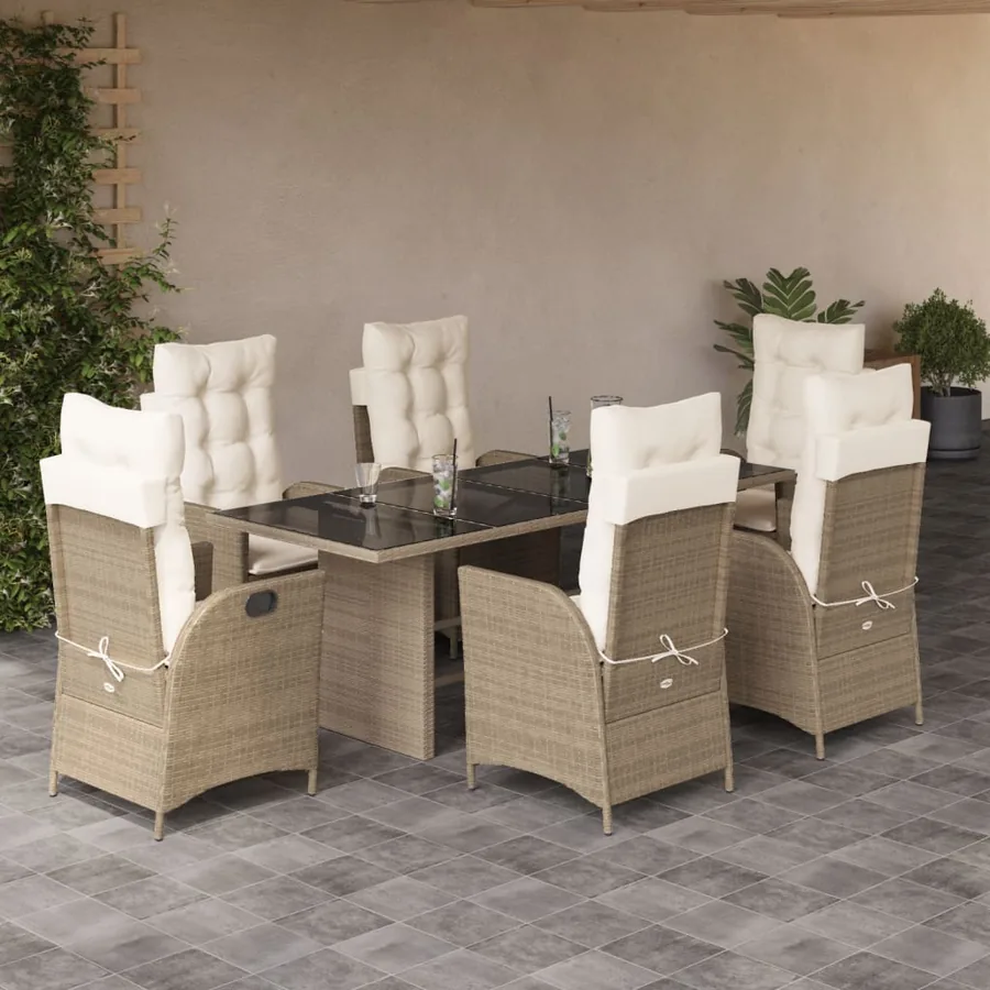 Ensemble à manger de jardin et coussins 7 pcs beige poly rotin