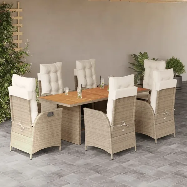Ensemble à manger de jardin et coussins 7 pcs beige poly rotin