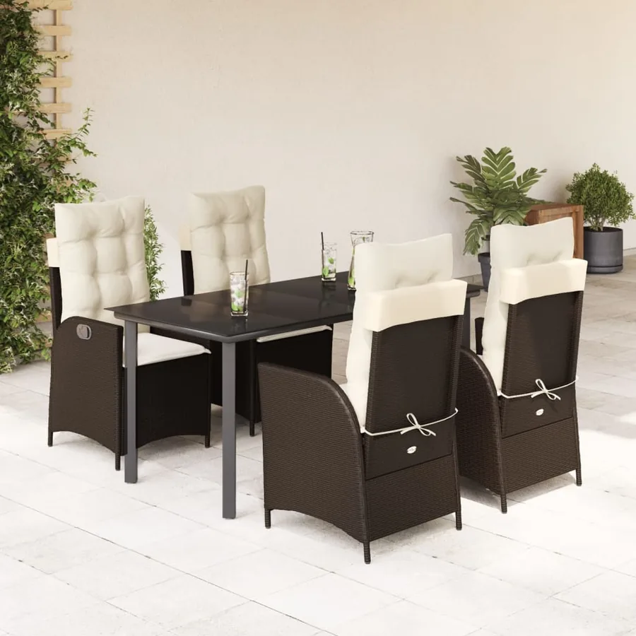 Ensemble à manger de jardin 5 pcs et coussins marron poly rotin