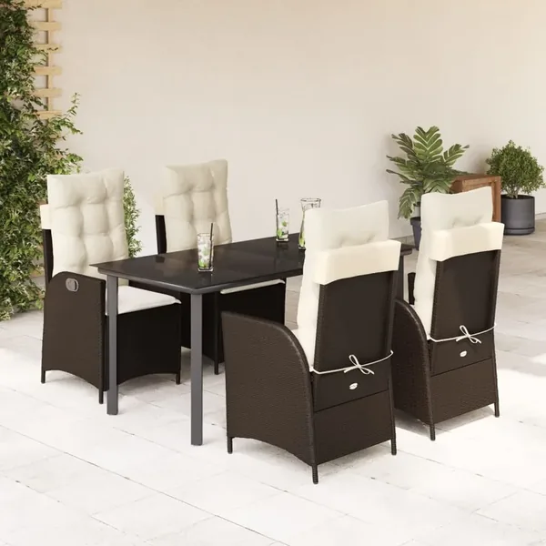 Ensemble à manger de jardin 5 pcs et coussins marron poly rotin