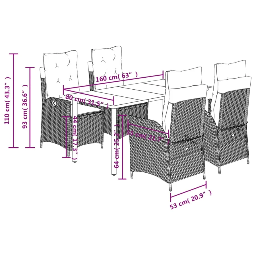 Ensemble à manger de jardin 5 pcs et coussins marron poly rotin - 9