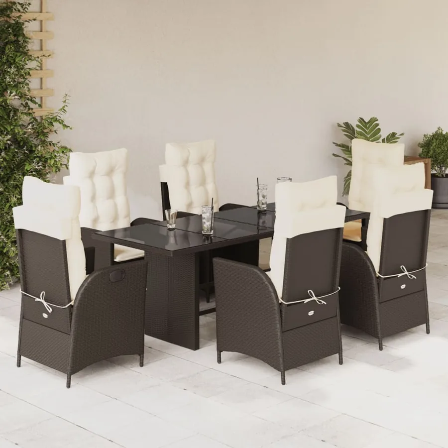 Ensemble à manger de jardin et coussins 7 pcs marron rotin