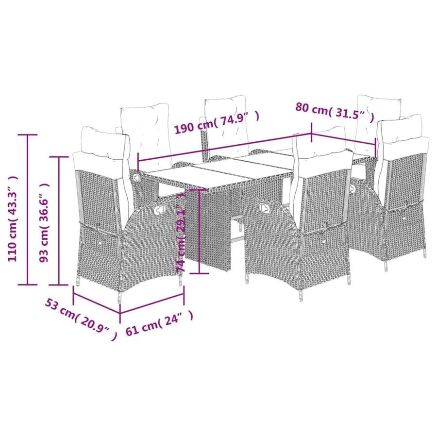 Ensemble à manger de jardin et coussins 7 pcs marron rotin - 9