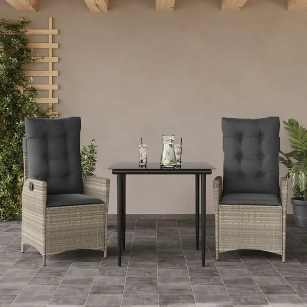 Ensemble à manger de jardin 3pcs coussins gris clair poly rotin