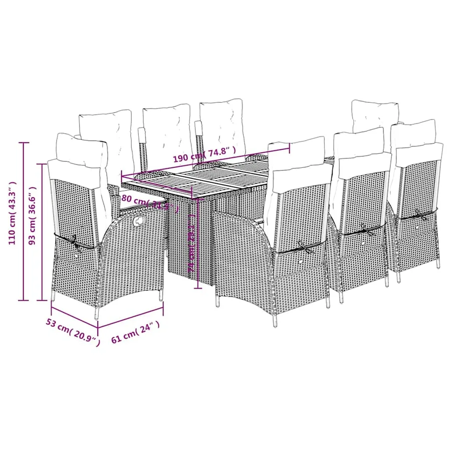 Ensemble à manger de jardin et coussins 9 pcs beige Poly rotin - 12