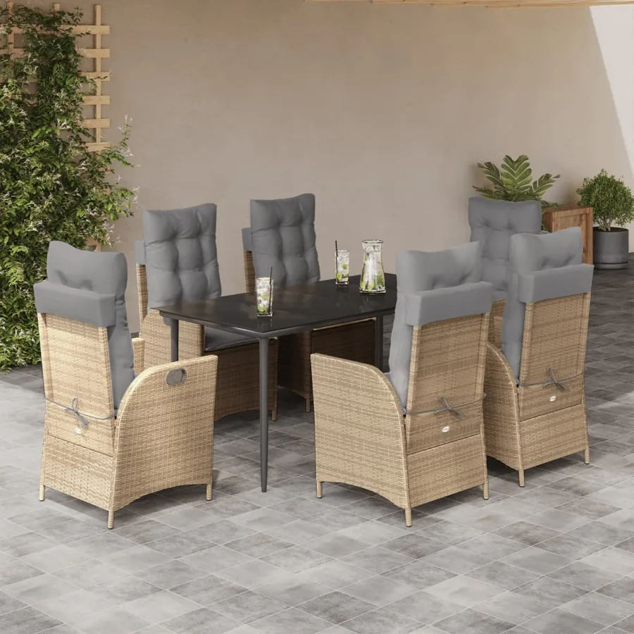 Ensemble à manger de jardin et coussins 7 pcs beige poly rotin