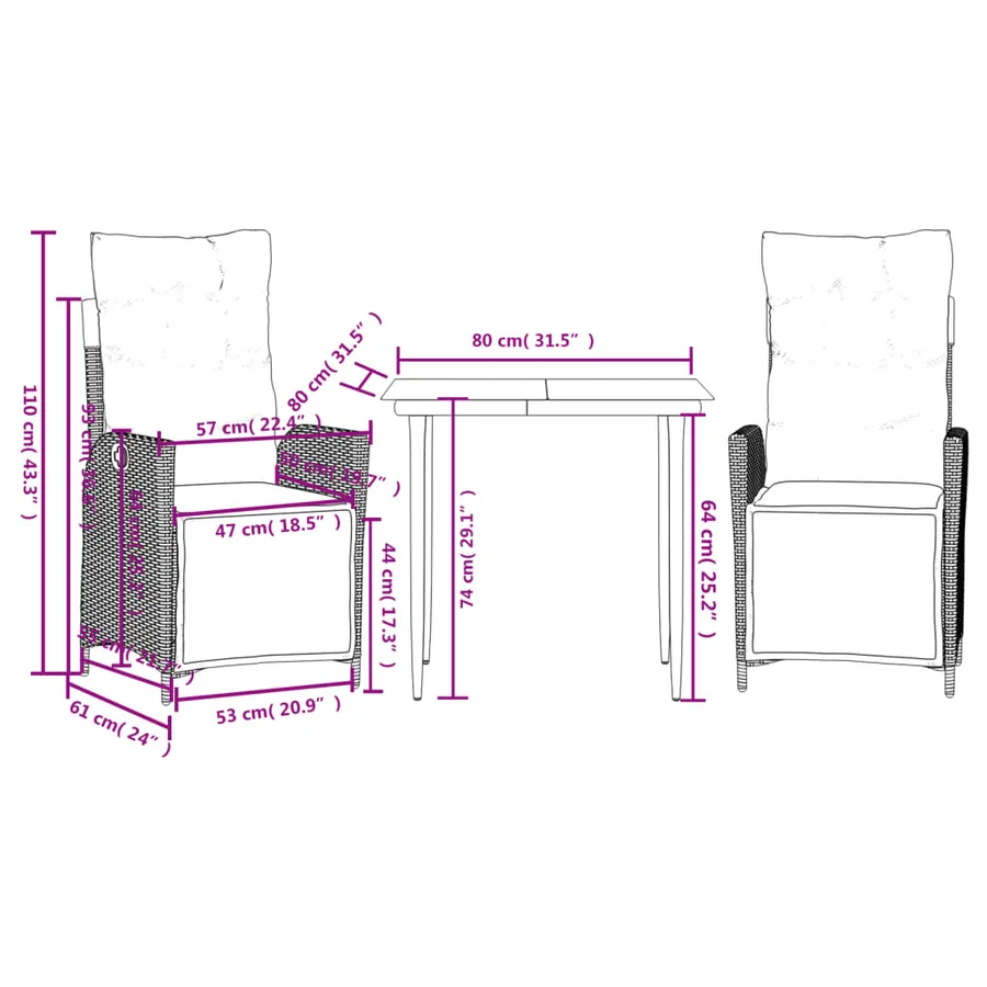 Ensemble à manger de jardin avec coussins 3 pcs Noir - 9