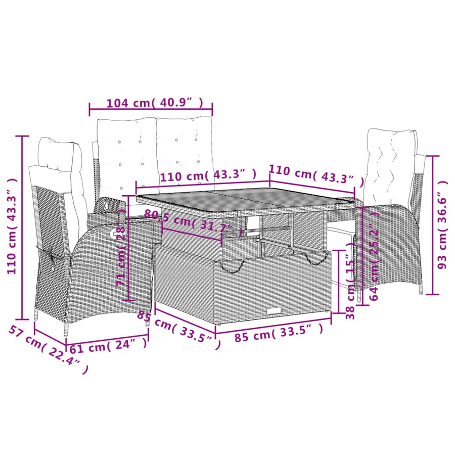 Ensemble à manger de jardin 4 pcs avec coussins noir - 9