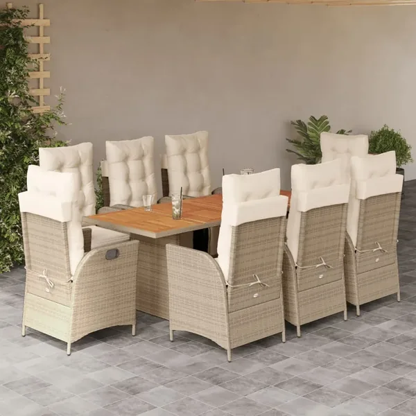 Ensemble à manger de jardin et coussins 9 pcs beige Poly rotin