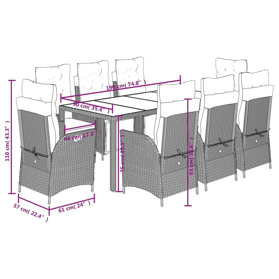 Ensemble à manger de jardin 9 pcs coussins gris résine tressée - 9