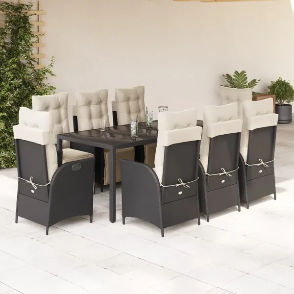 Ensemble à manger de jardin 9pcs coussins noir résine tressée