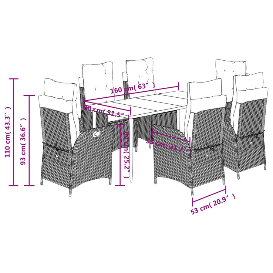 Ensemble à manger de jardin et coussins 7 pcs gris rotin - 12