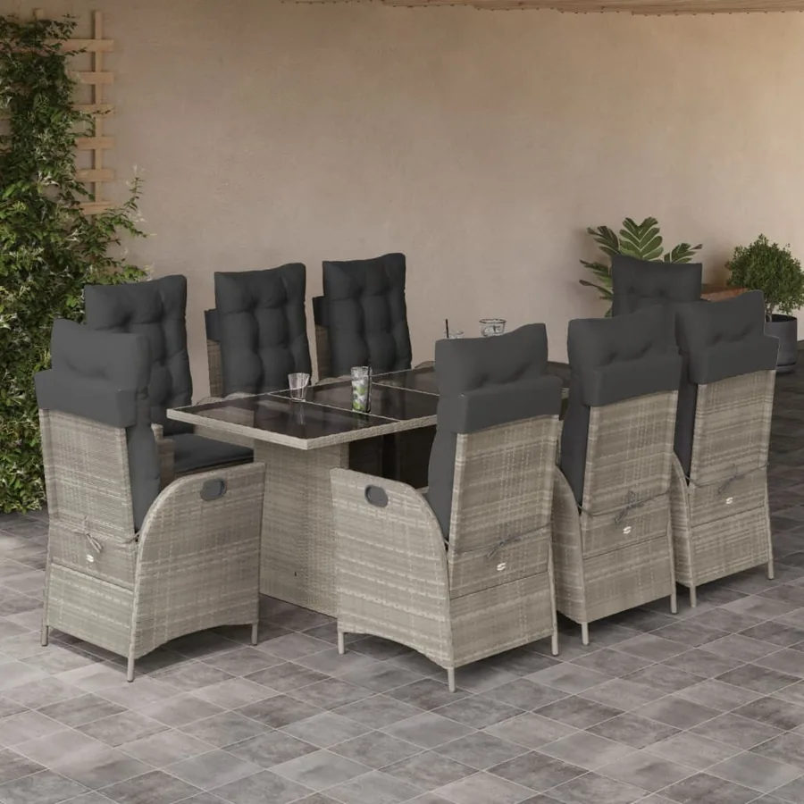 Ensemble à manger de jardin et coussins 9 pcs gris clair rotin