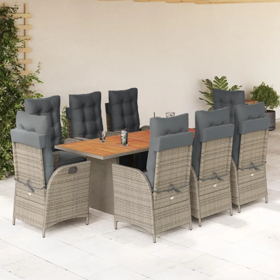 Ensemble à manger de jardin 9 pcs coussins gris résine tressée