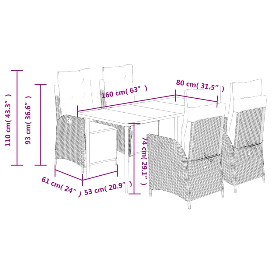 Ensemble à manger de jardin 5 pcs et coussins marron poly rotin - 9