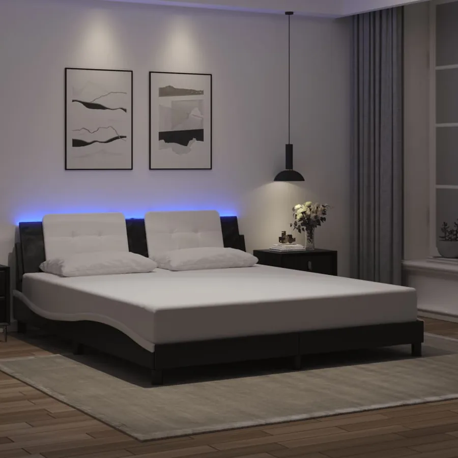 Cadre de lit avec LED sans matelas Zadar noir et blanc 180x200 cm