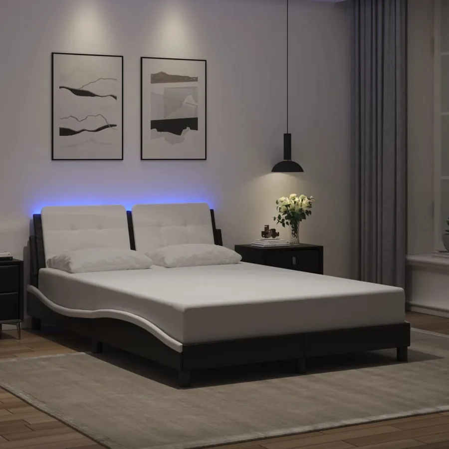 Cadre de lit avec LED sans matelas Zadar noir et blanc 140x200 cm