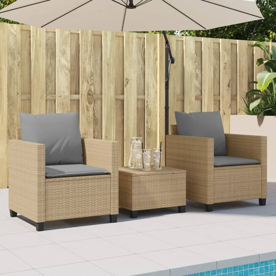 Ensemble de bistro 3 pcs avec coussins beige résine tressée - 3