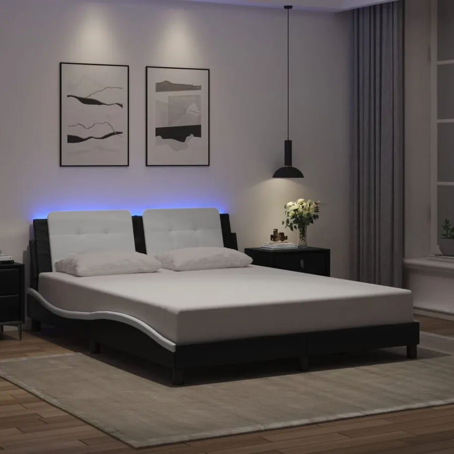 Cadre de lit avec LED sans matelas Zadar noir et blanc 160x200 cm