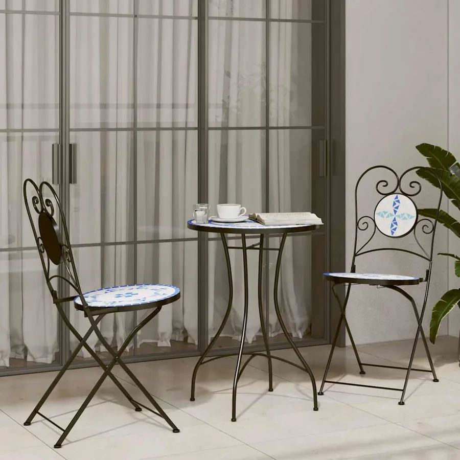 Ensemble de bistro mosaïque bleu et blanc fer et céramique