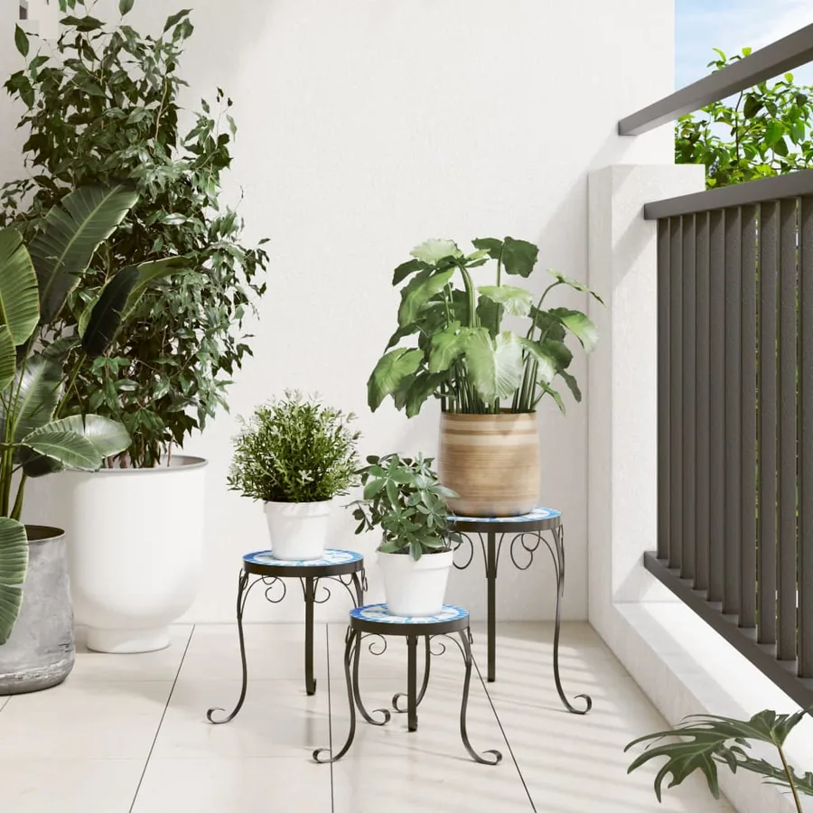 Supports pour plantes 3 pcs bleu et blanc céramique - 3
