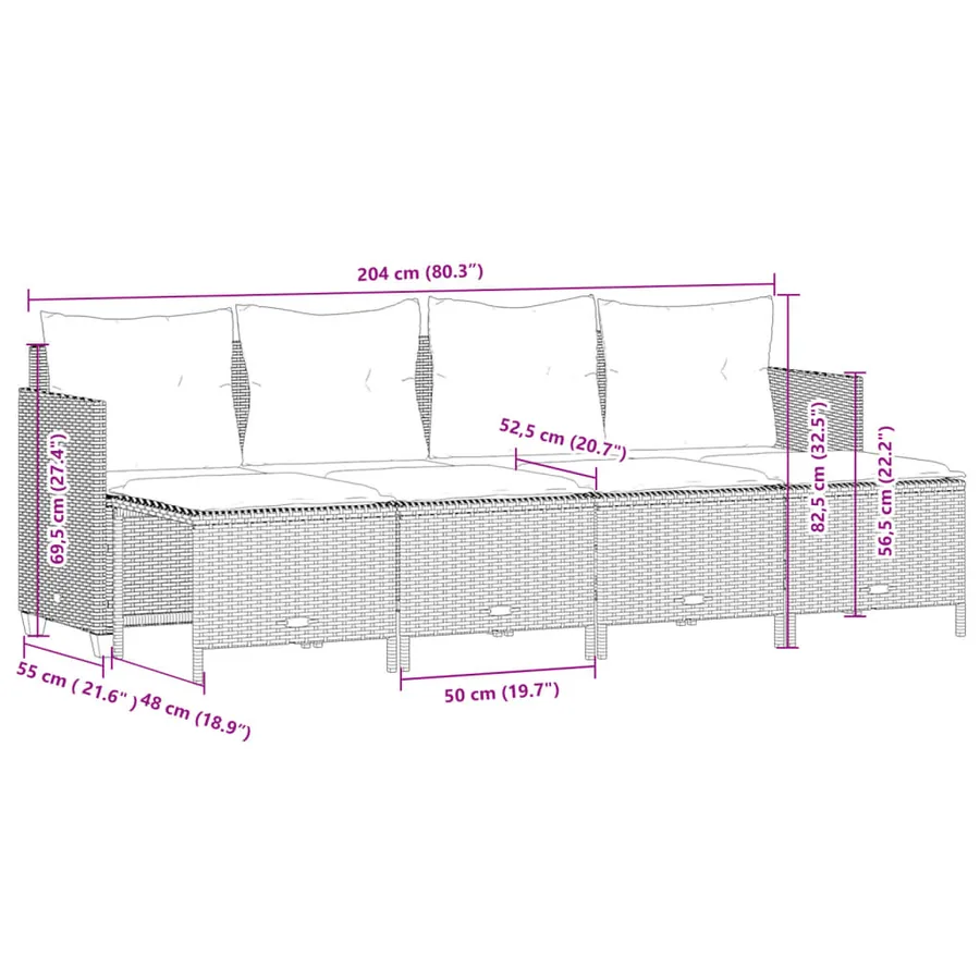 Salon de jardin 5 pcs avec coussins gris résine tressée - 7