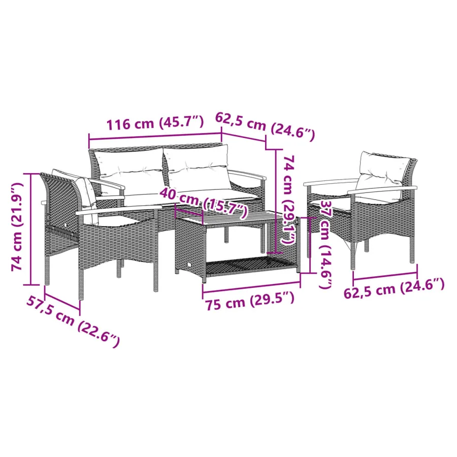 Salon de jardin 4 pcs avec coussins noir résine tressée - 13