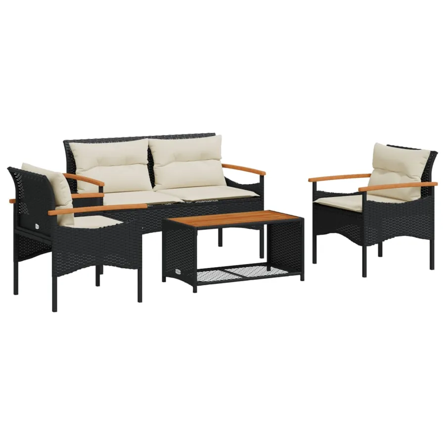 Salon de jardin 4 pcs avec coussins noir résine tressée - 2