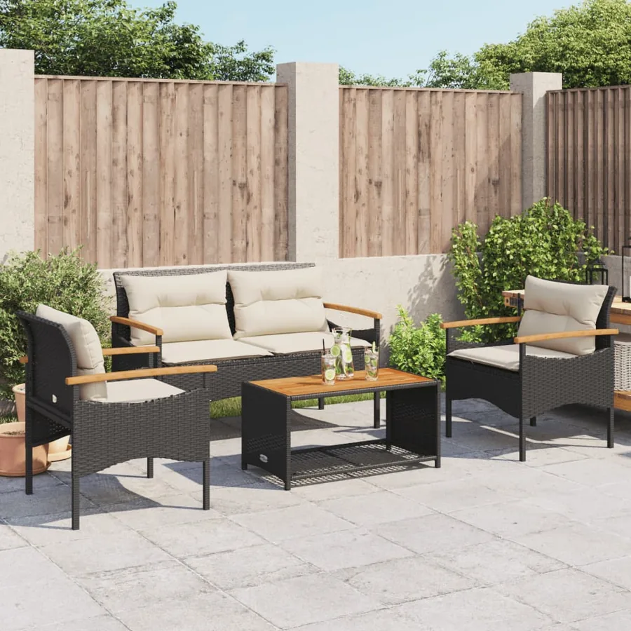 Salon de jardin 4 pcs avec coussins noir résine tressée - 3