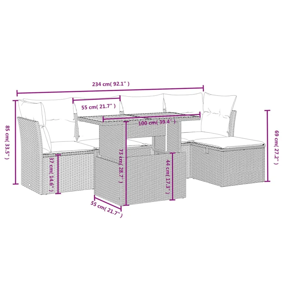 Salon de jardin 6 pcs avec coussins gris résine tressée - 4