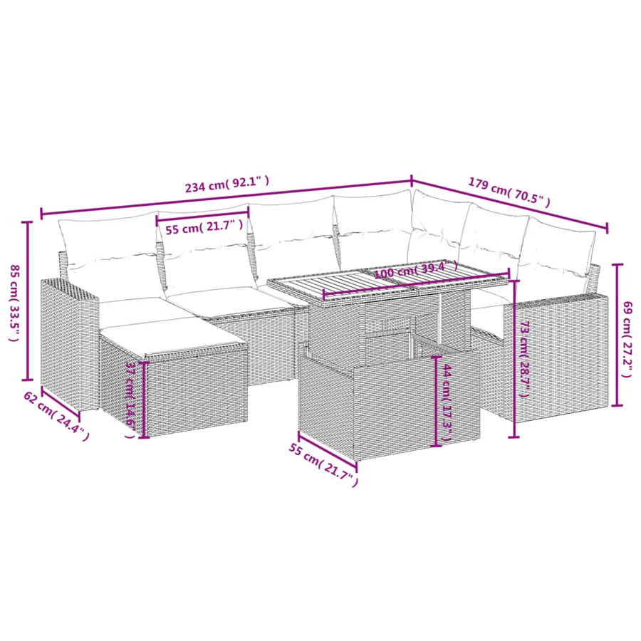 Salon de jardin 8 pcs avec coussins gris résine tressée - 4