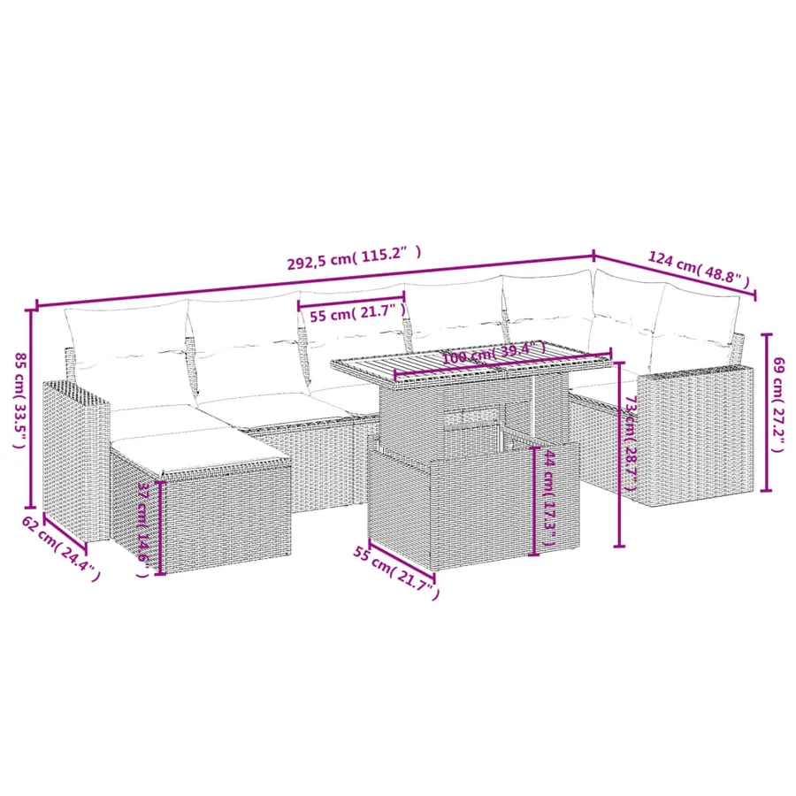Salon de jardin 8 pcs avec coussins gris résine tressée - 4