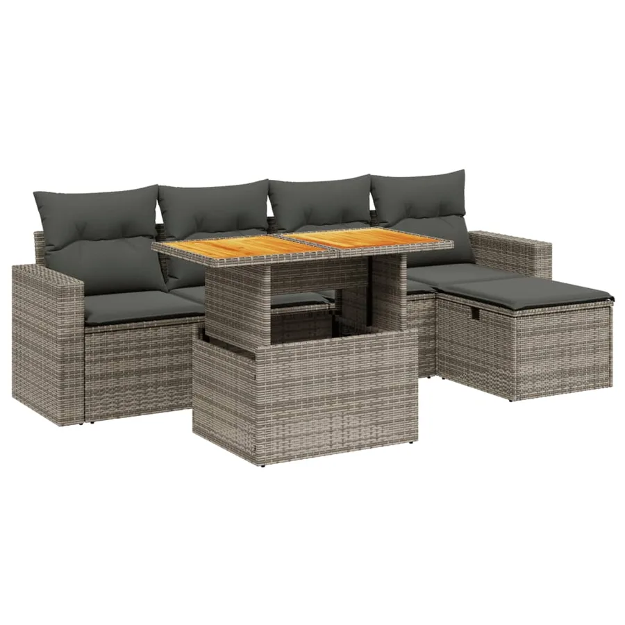 Salon de jardin 6 pcs avec coussins gris résine tressée - 2