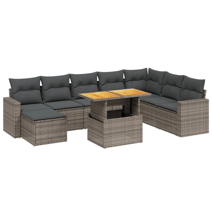 Salon de jardin 9 pcs avec coussins gris résine tressée - 2