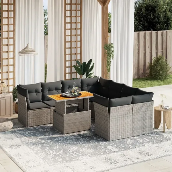 Salon de jardin 9 pcs avec coussins gris résine tressée