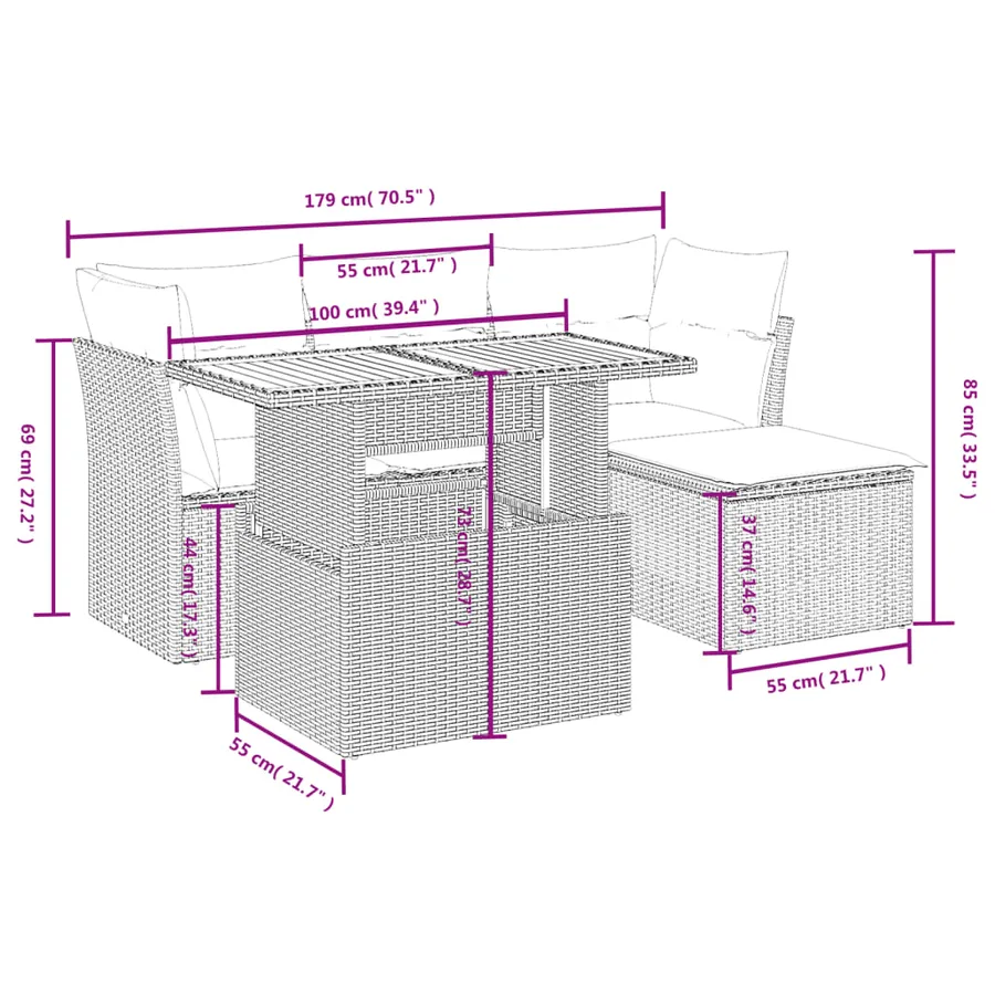 Salon de jardin 6 pcs avec coussins gris résine tressée - 3
