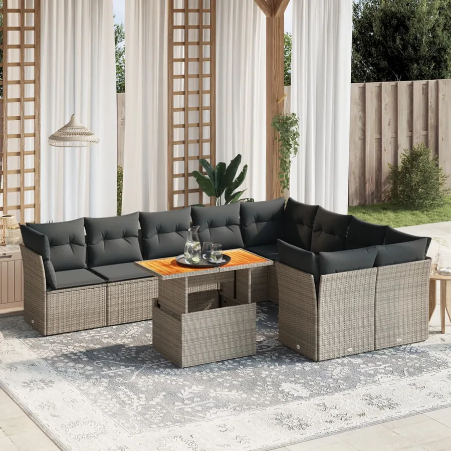 Salon de jardin avec coussins 10 pcs gris résine tressée