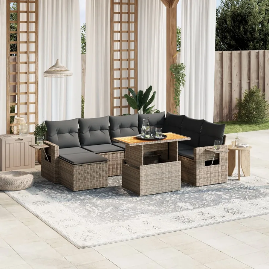 Salon de jardin 8 pcs avec coussins gris résine tressée