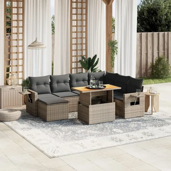 Salon de jardin 8 pcs avec coussins gris résine tressée