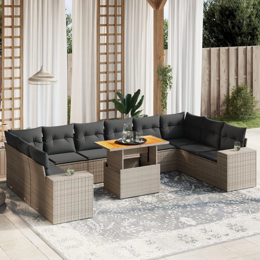 Salon de jardin 11 pcs avec coussins gris résine tressée