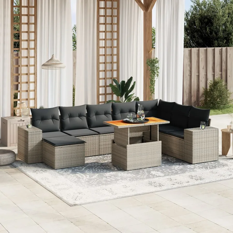 Salon de jardin 9 pcs avec coussins gris résine tressée