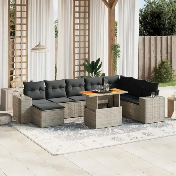 Salon de jardin 9 pcs avec coussins gris résine tressée