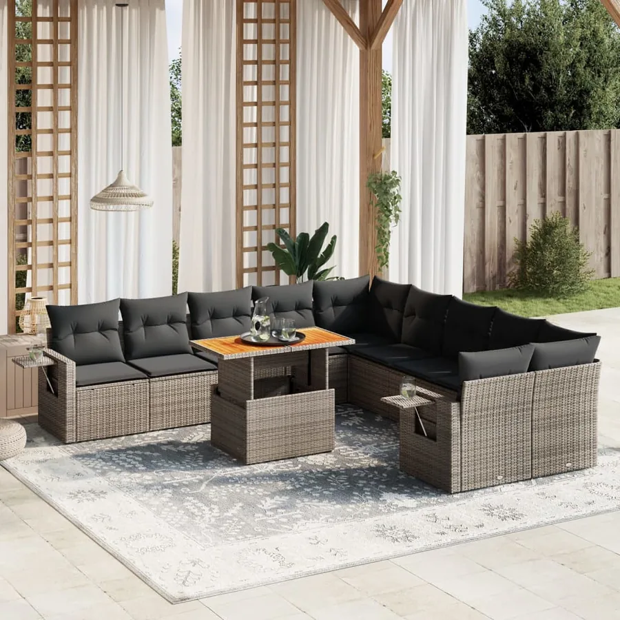 Salon de jardin 11 pcs avec coussins gris résine tressée