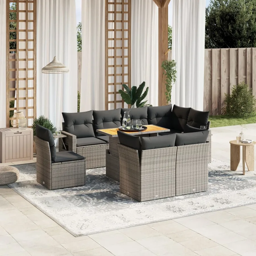 Salon de jardin 9 pcs avec coussins gris résine tressée