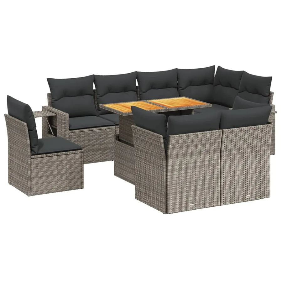 Salon de jardin 9 pcs avec coussins gris résine tressée - 2