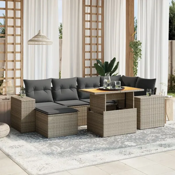 Salon de jardin avec coussins 7 pcs gris résine tressée