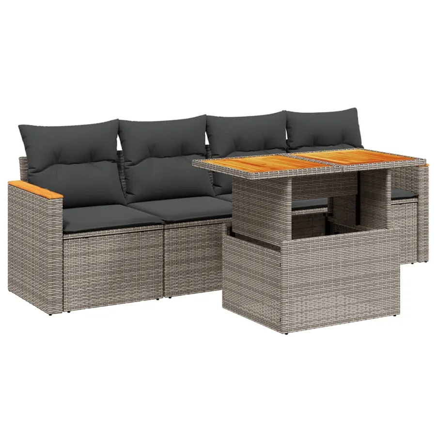 Salon de jardin 5 pcs avec coussins gris résine tressée - 2
