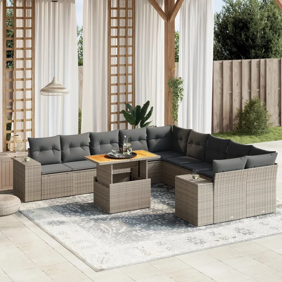 Salon de jardin 11 pcs avec coussins gris résine tressée