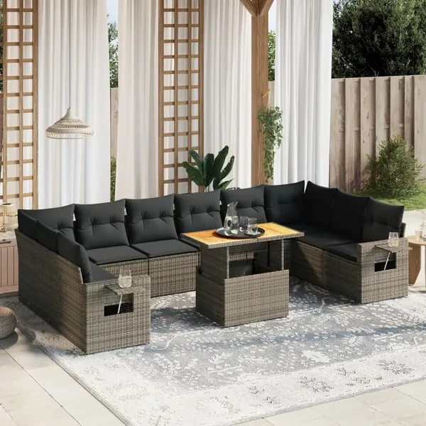 Salon de jardin 11 pcs avec coussins gris résine tressée