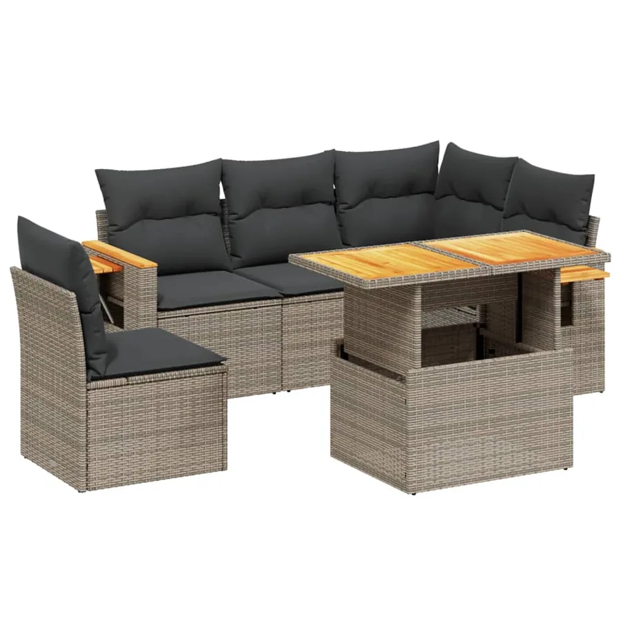 Salon de jardin 6 pcs avec coussins gris résine tressée - 2